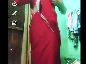 Indian Gay Crossdresser XXX Naked in Red Saree Showing Her Bra and Boobs