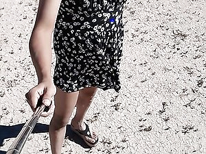 Cute trans in minidress walking in public with high sandals and hot tight ass