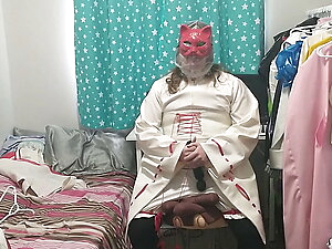 PVC Cat Priestess Miko Sissy Cosplay does Breathplay and Vib